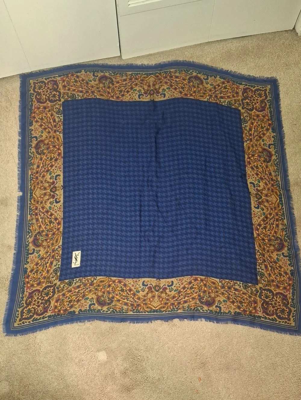 Yves Saint Laurent Blue and Yellow Paisley Silk Scarf